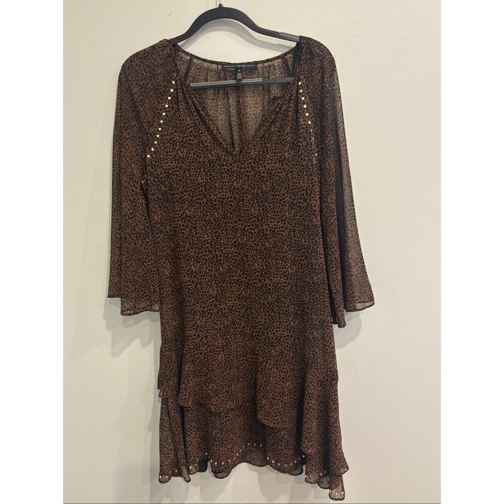 WHBM M leopard print dress featuring a flowy silhouette ruffle details and gold